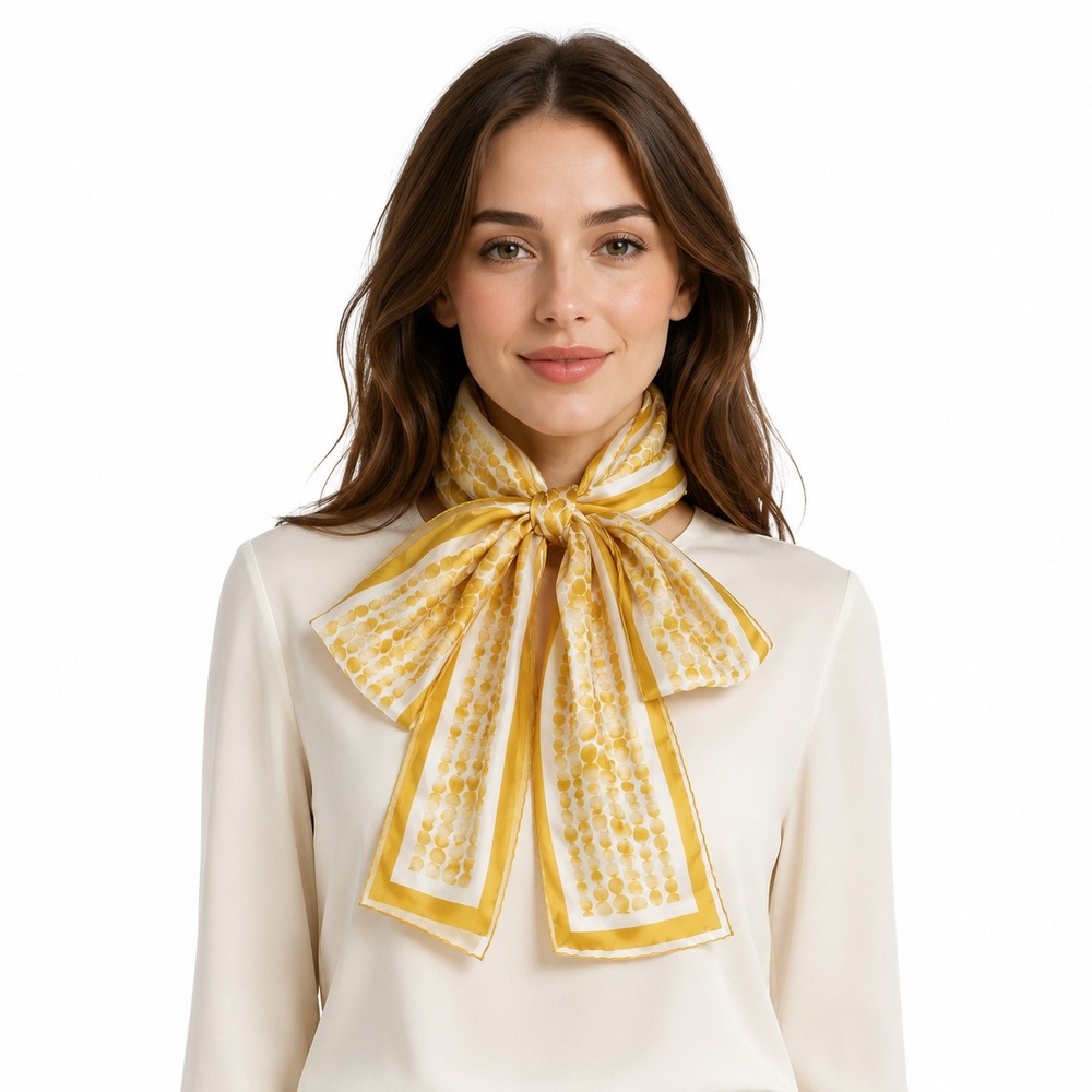 The Limited Silk Scarf Yellow White Polka Dot Geo Oblong Striped Border 114-02